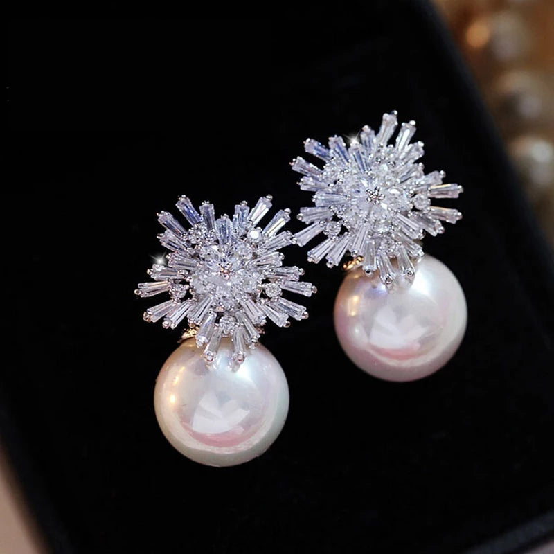 Cubic zircon pearl Ear stud